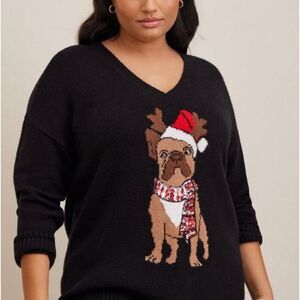 Torrid Frenchie Christmas Pullover Slouchy V-Neck Tunic Sweater Black Size 1X